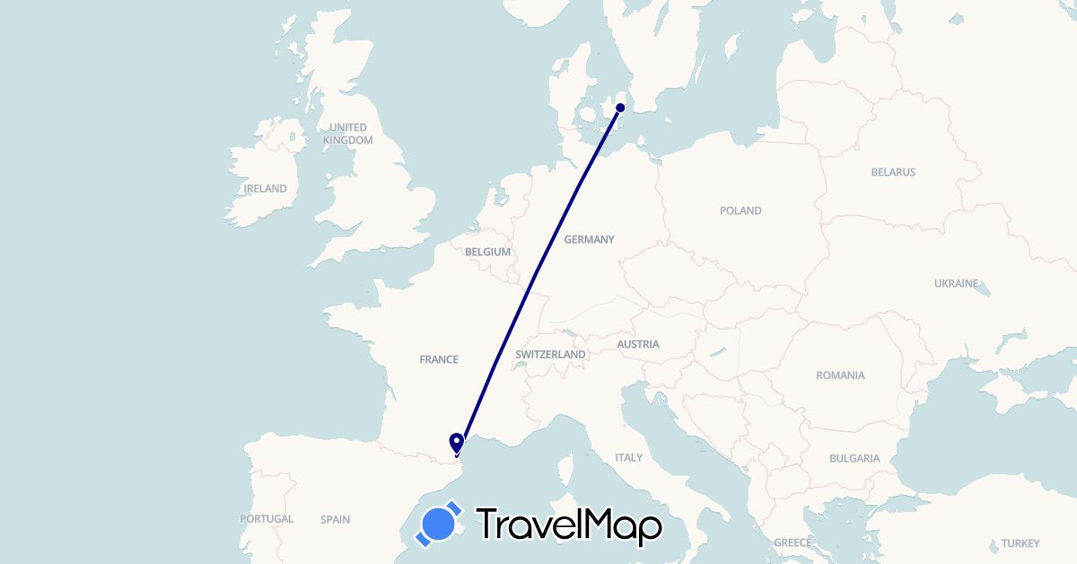 TravelMap itinerary: driving in Denmark, France (Europe)
